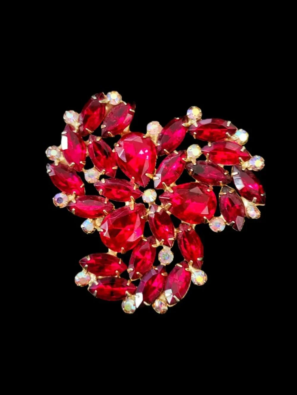 VTG Mid-Century Ruby Red & AB Rhinestone Statement Brooch Pin 2.75